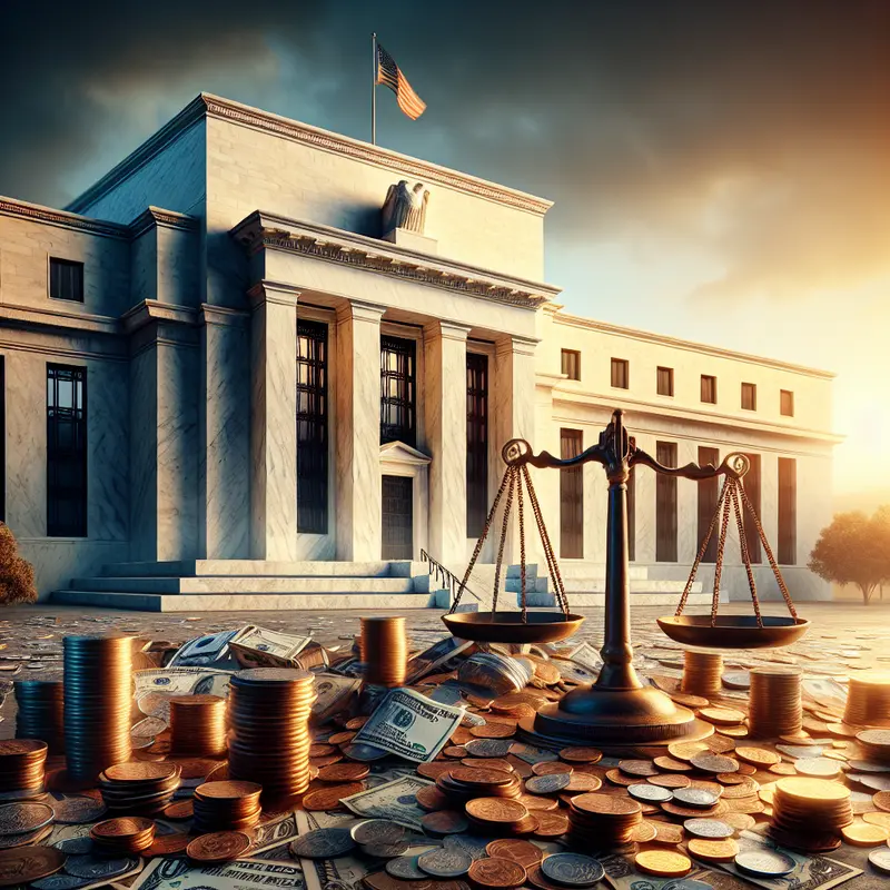 An image representing the Federal Reserve building with digital currency graphics, highlighting its role in managing the U.S. money supply.