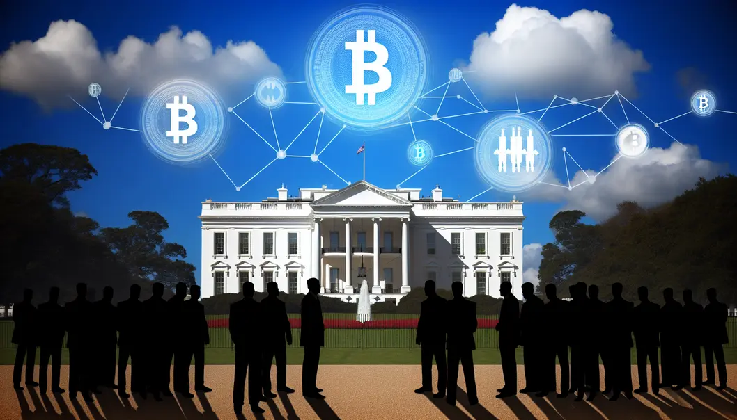 A scenic view of the White House with Bitcoin and other crypto symbols, illustrating focus on digital currencies.