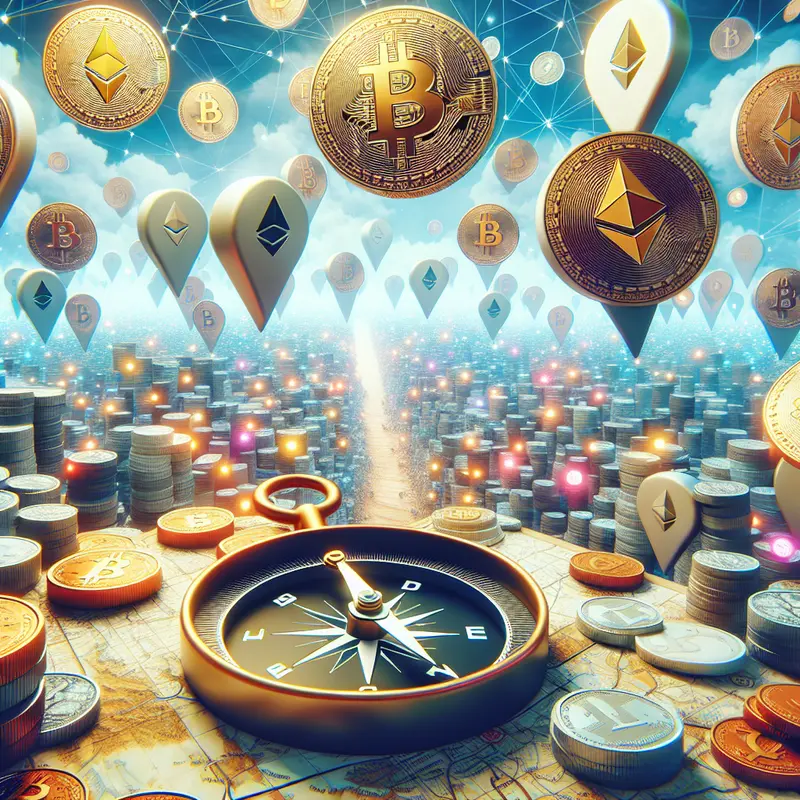 Abstract representation of cryptocurrency market dynamics with coins and fluctuating graphs.