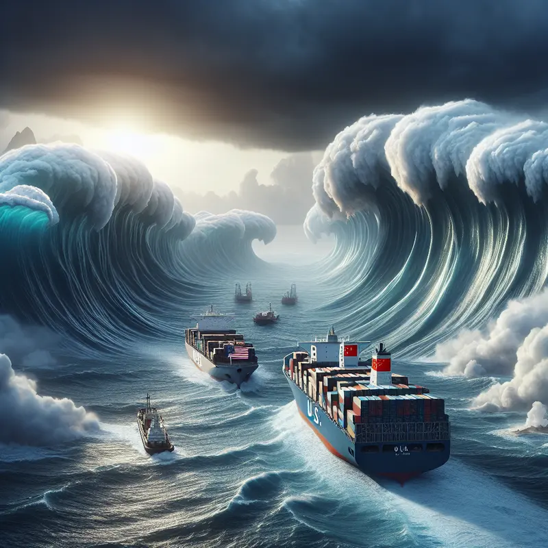 An artistic representation of the U.S.-China trade conflict, showcasing economic symbols and global effects.